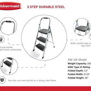 Rubbermaid RM-3W Folding 3-Step Steel Frame Stool with Hand Grip and Plastic Steps, 200-Pound Capacity, Silver Finish